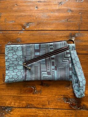 Stylish Teal & Brown Patterned Wristlet Clutch